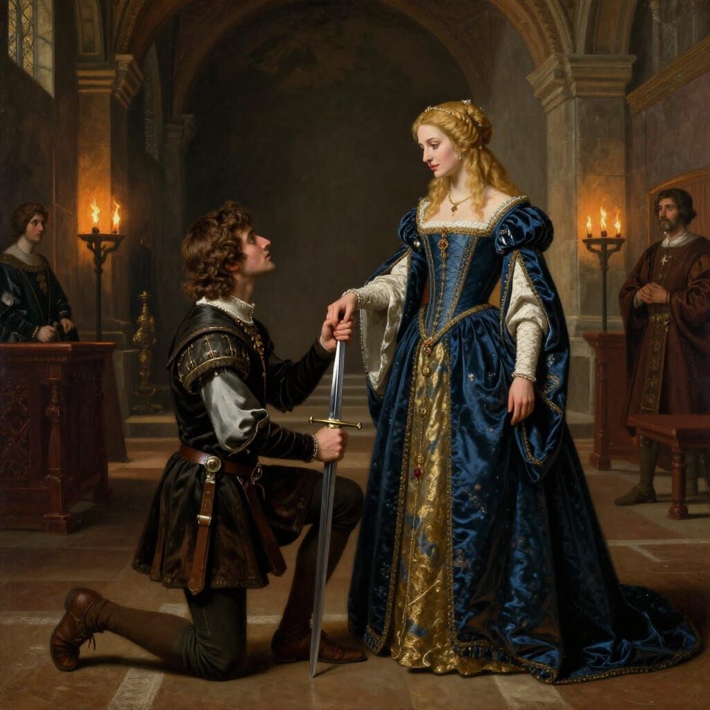 Renaissance Princess Receives Sword from Adoring Swordsman