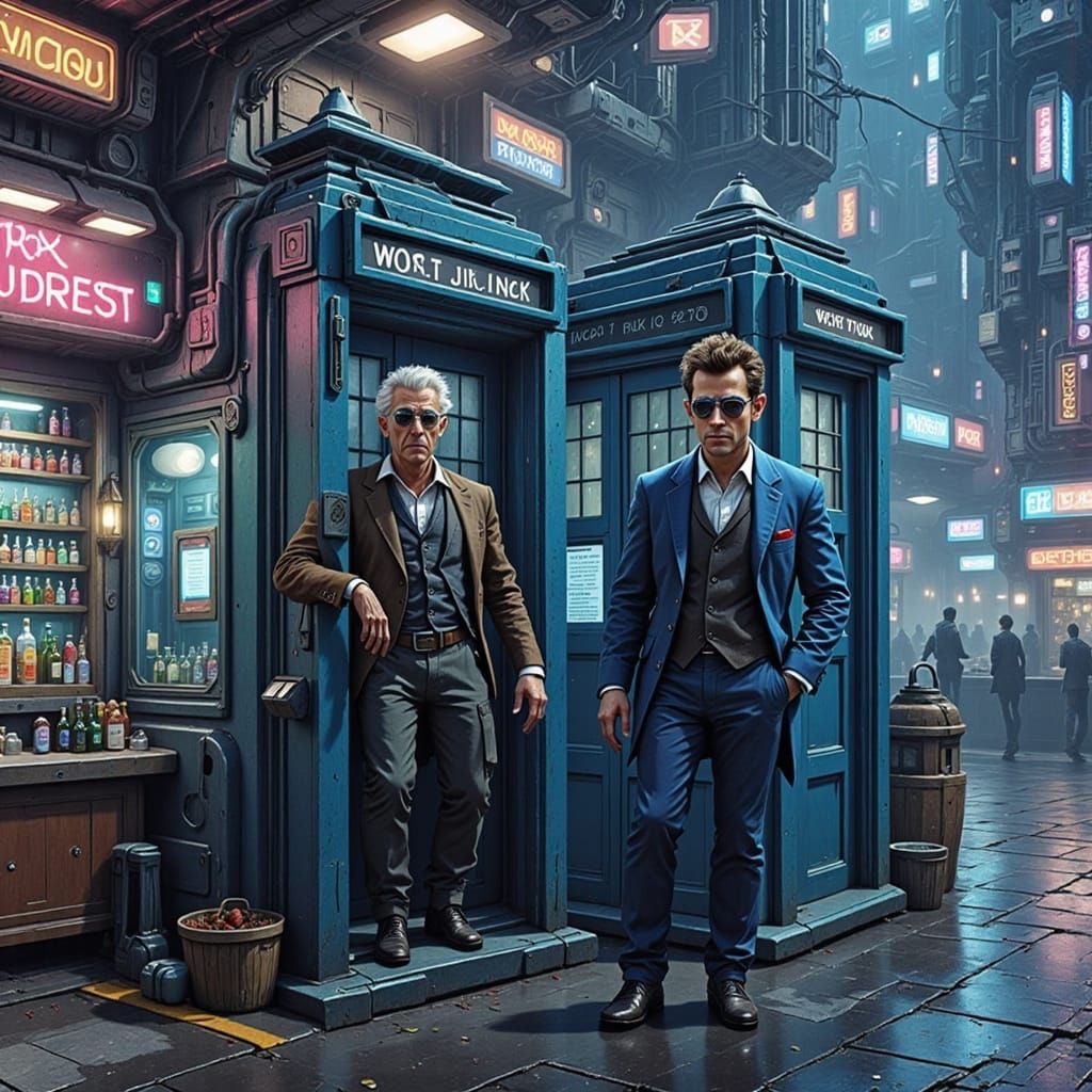 Time-Traveling Comedians Emerge from TARDIS in Neon-Lit Futu...