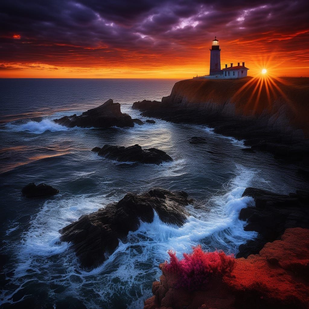 Lighthouse Silhouetted Against a Dramatic Sunset in Cinemati...