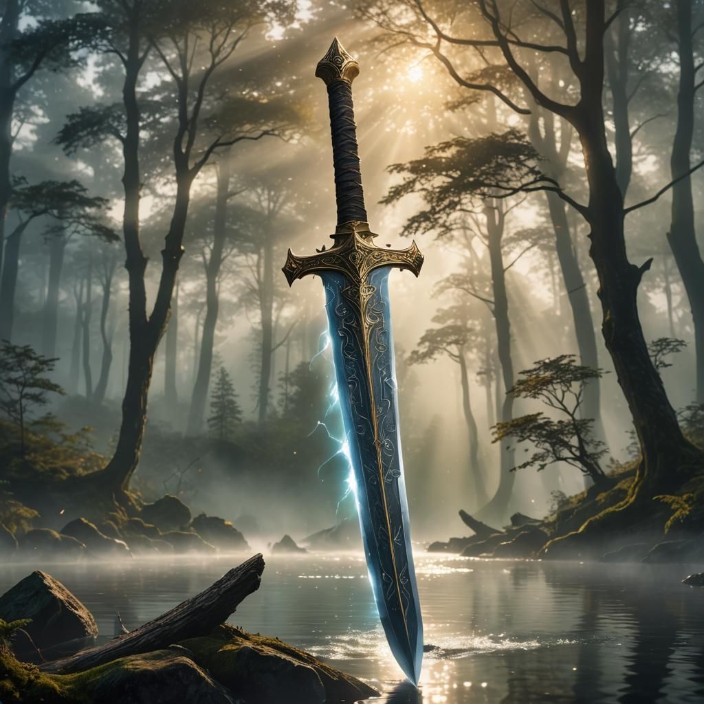 Shining Sword Hovering in Misty Forest: Fantasy Art
