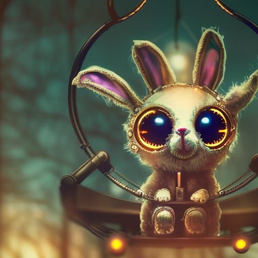 Creepy Cute Cyborg Rabbit on a Swing Set