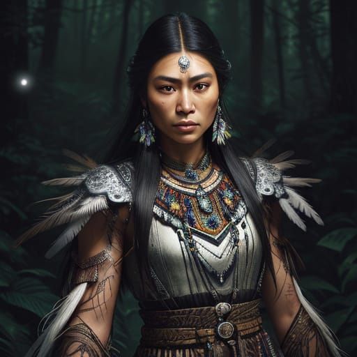 Native American Woman in Forest: Hyperrealistic Digital Art