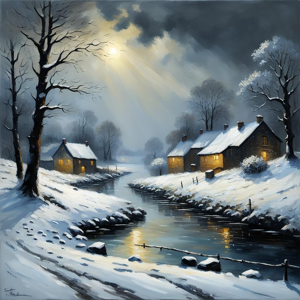 Idyllic Snowy Landscape in Oil Painting Style