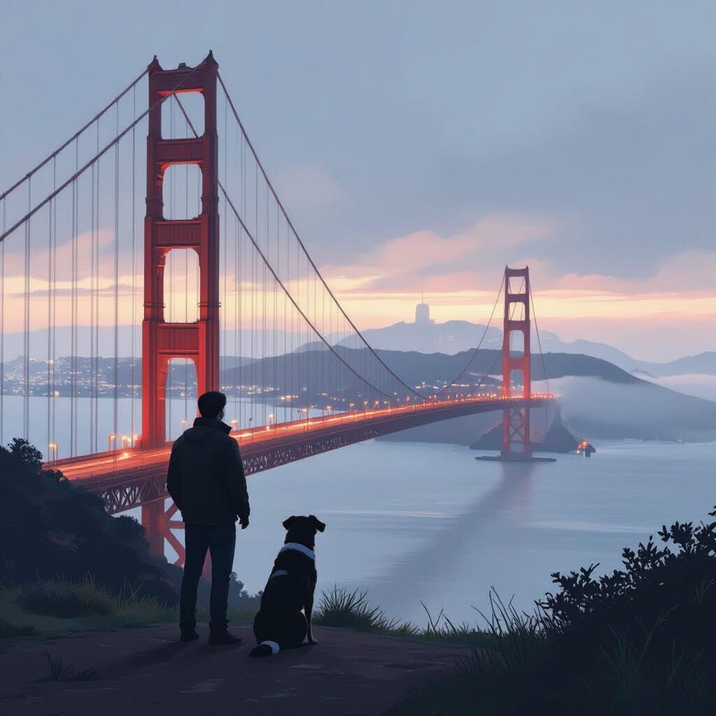 San Francisco Overlook: Man and Dog in Cinematic Realism