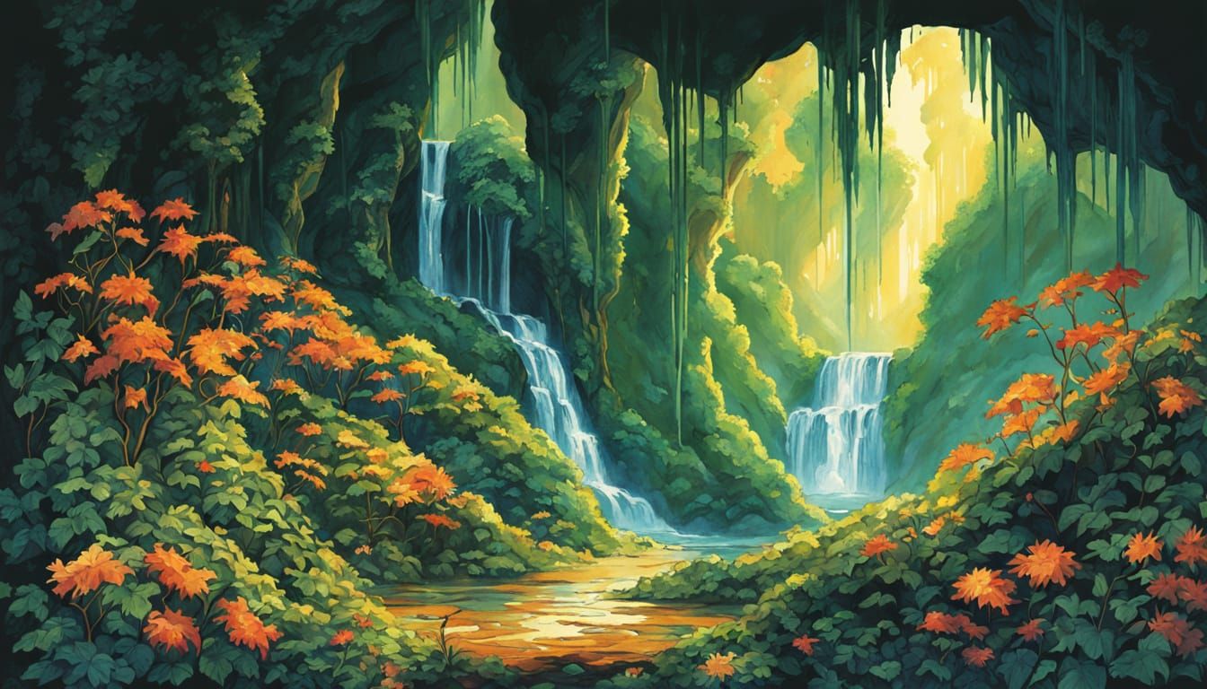 Magical Cave Waterfall in Anime Watercolor Style