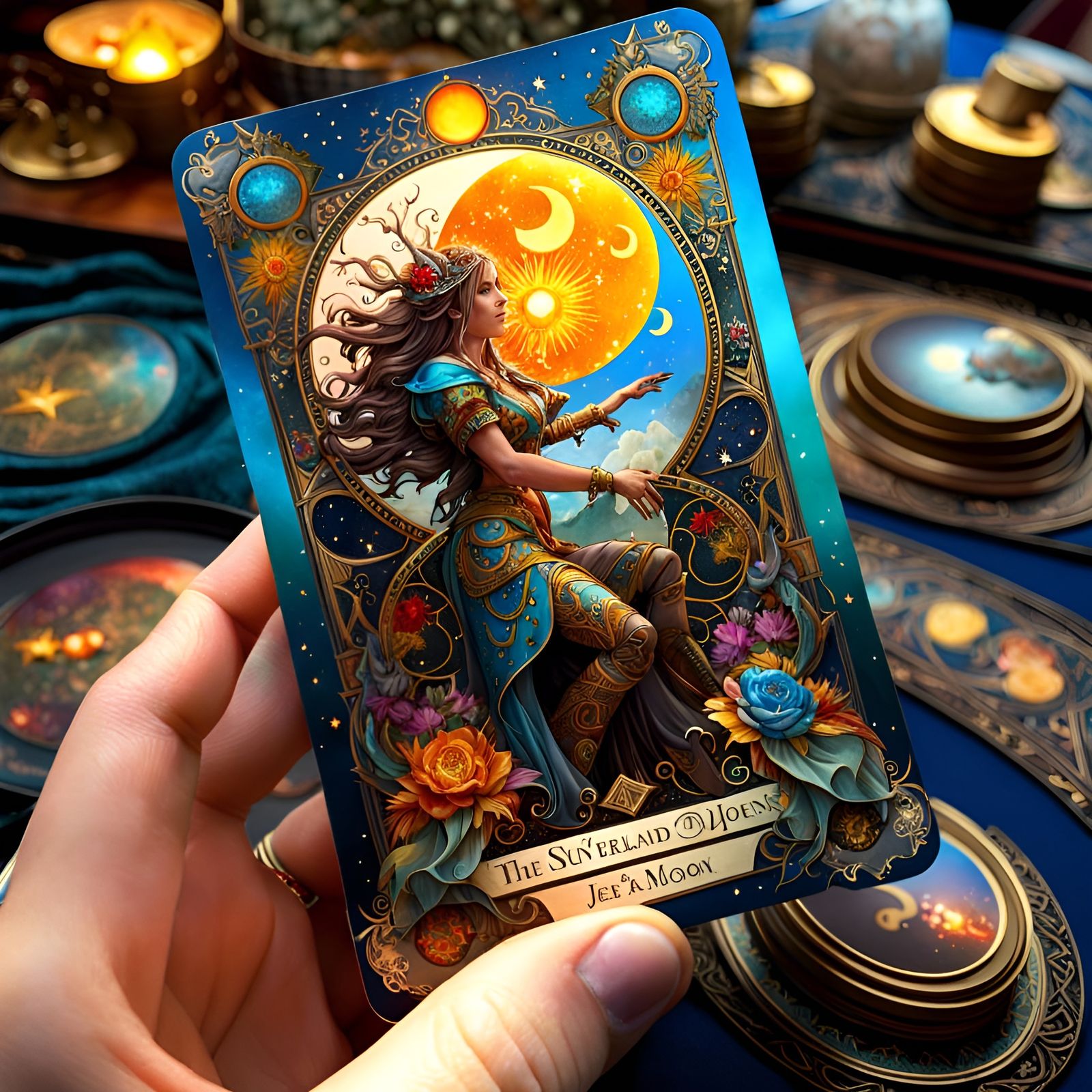 Sun, Moon, and Stars Tarot Card in Fantasycore Style