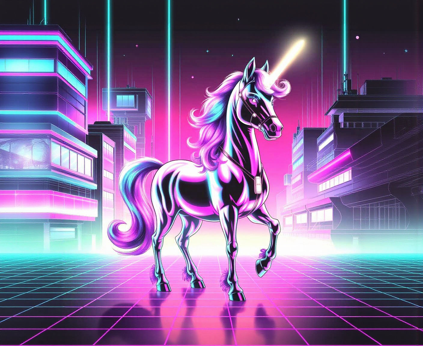 Cyberpunk Unicorn in Neon Synthwave Dreamscape