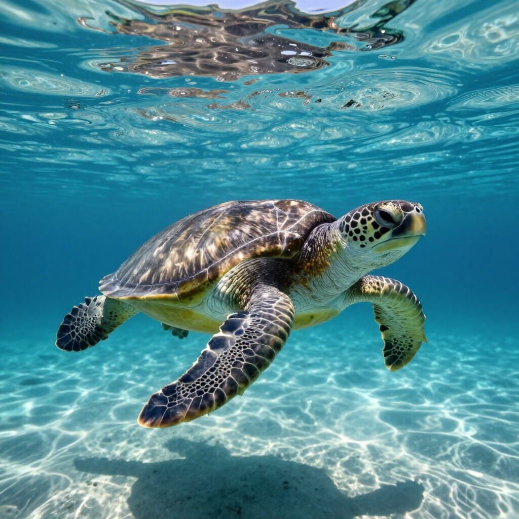 Hyperrealistic Turtle Swimming in Clear Water