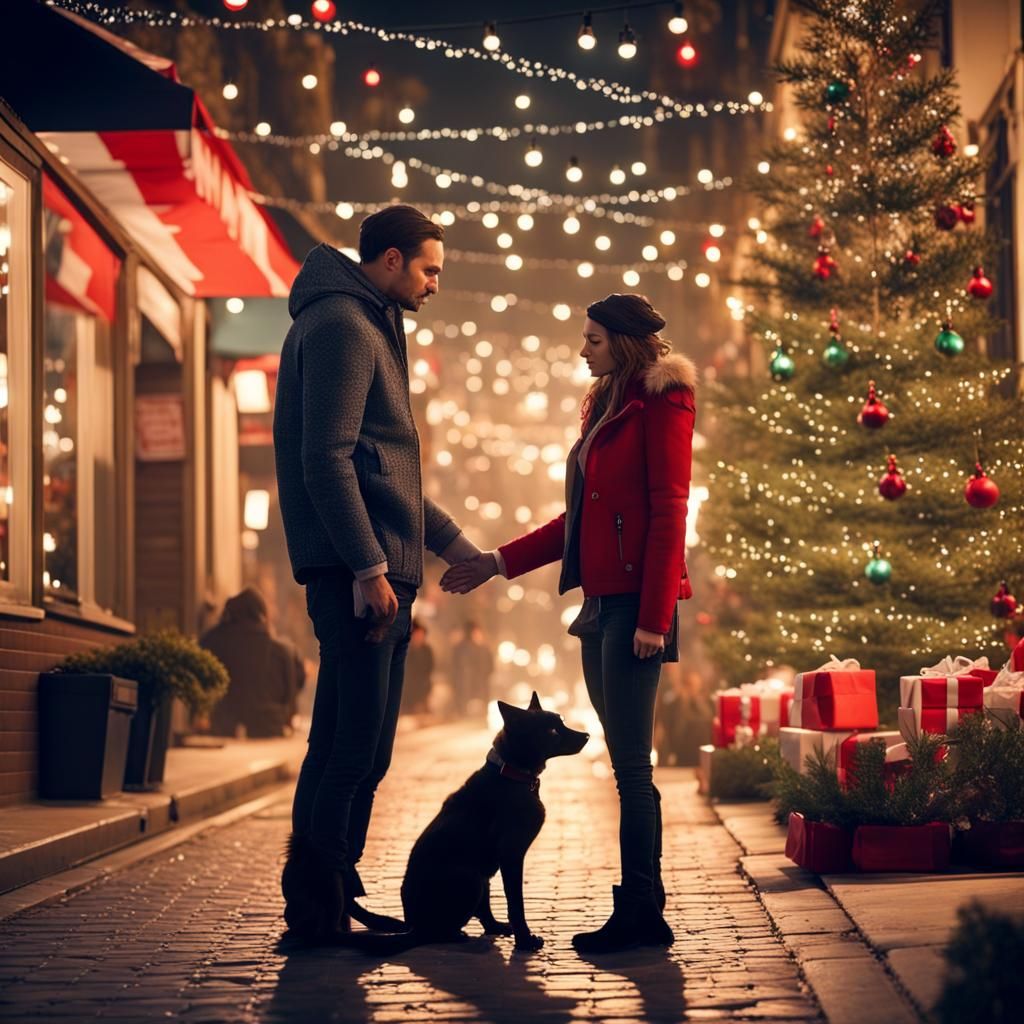 Festive Christmas Street Scene with Dog and Couple