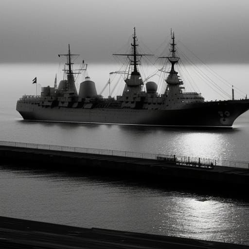 Battleships Arriving at Port: Vintage Black and White Photo