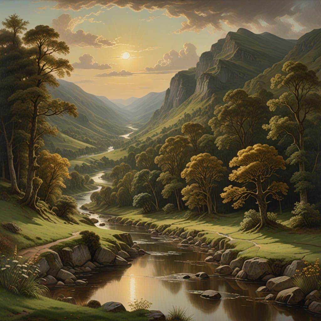 Lush 19th-Century Landscape in Intricate Oil Painting Style