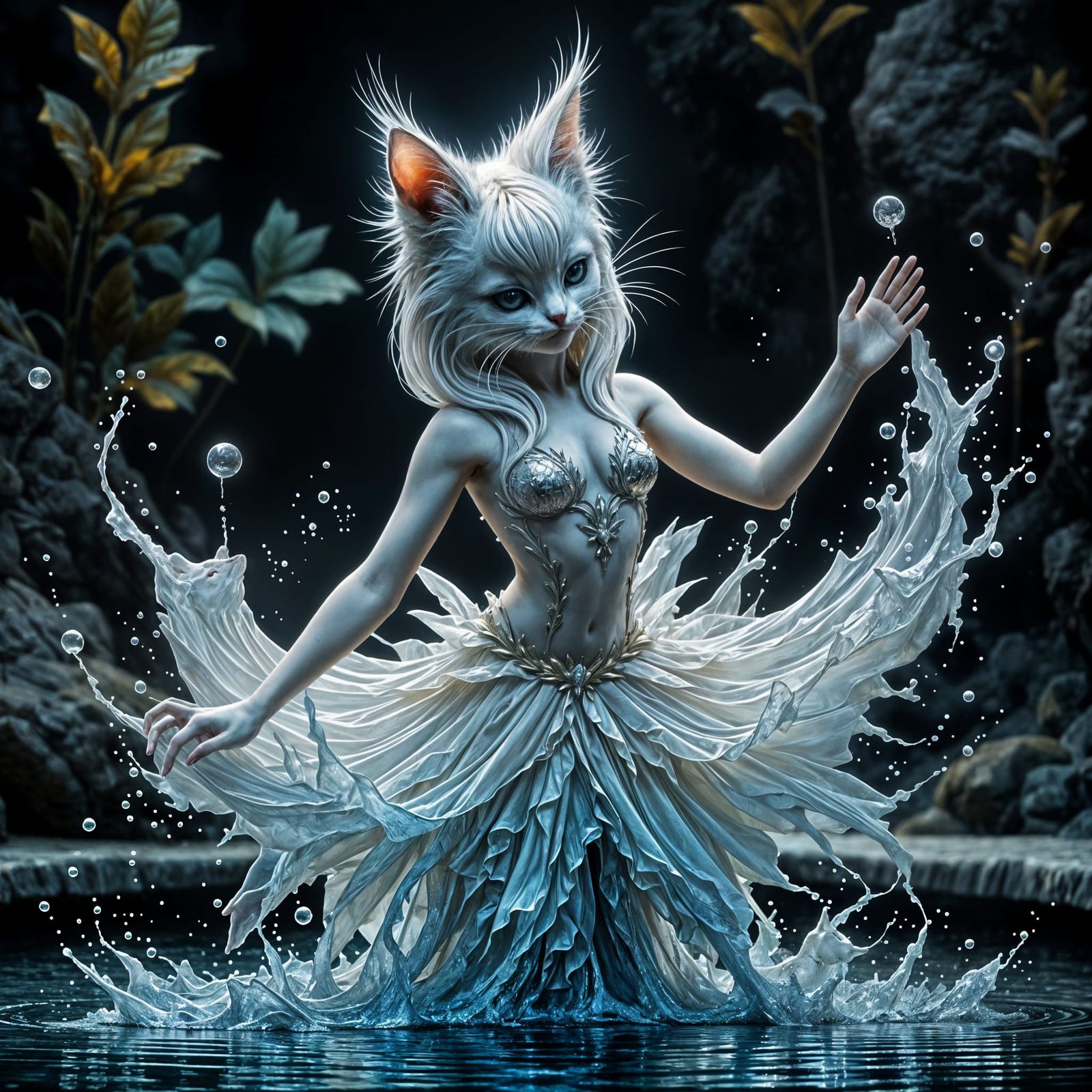 Elegant Cat Performs Water Ballet in Moonlit Fountain