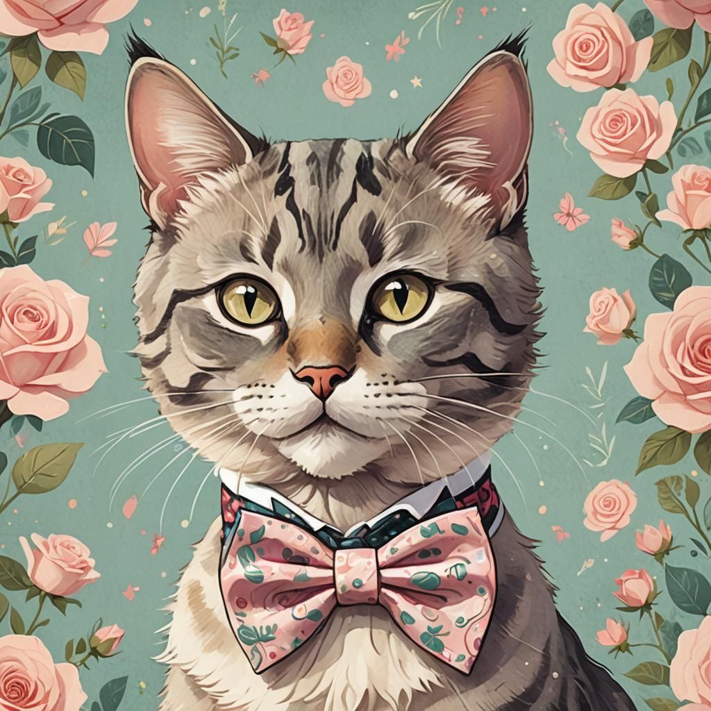 Cat with Rose Bow Tie Cartoon Illustration