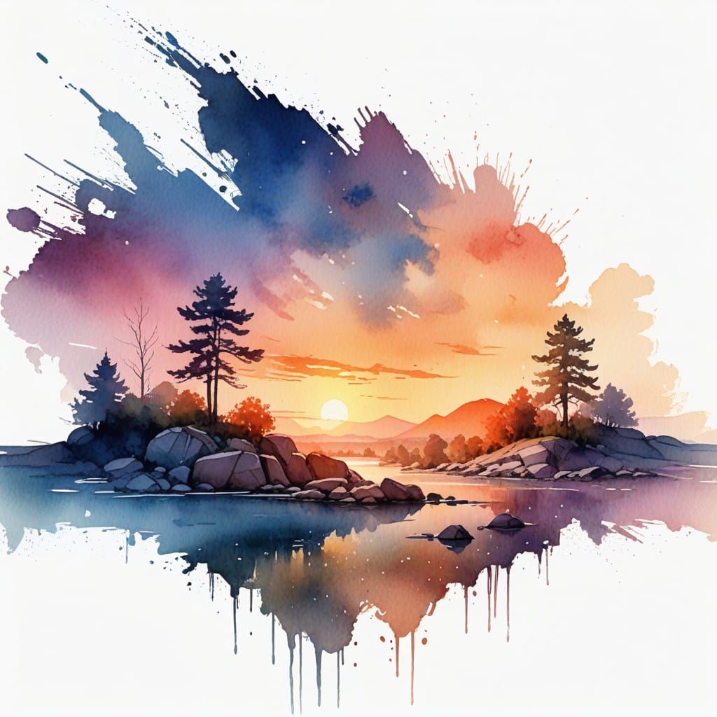 Vibrant Sunset Landscape in Watercolor Style