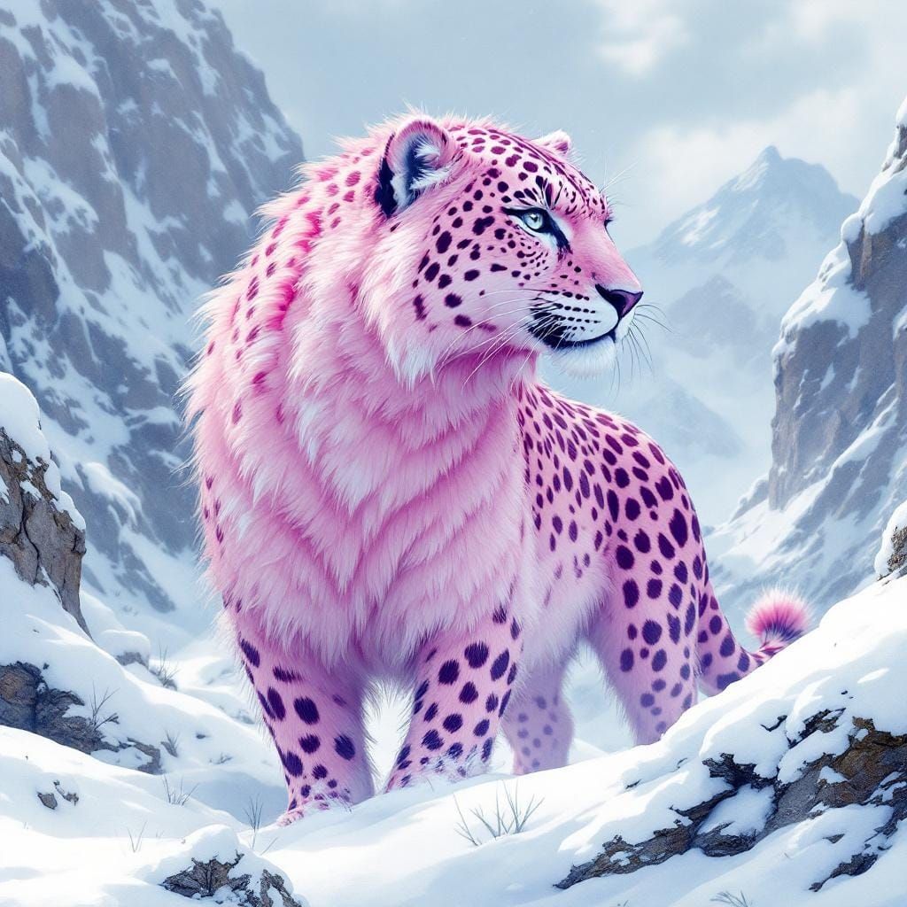 Pink Leopard in Snowy Mountains, Digital Art