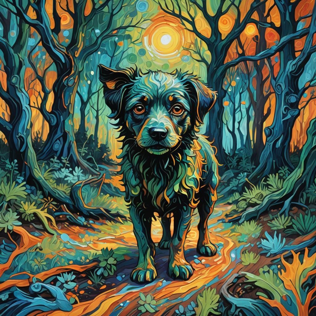 Mystical Dog Transformation in Abstract Expressionism Style