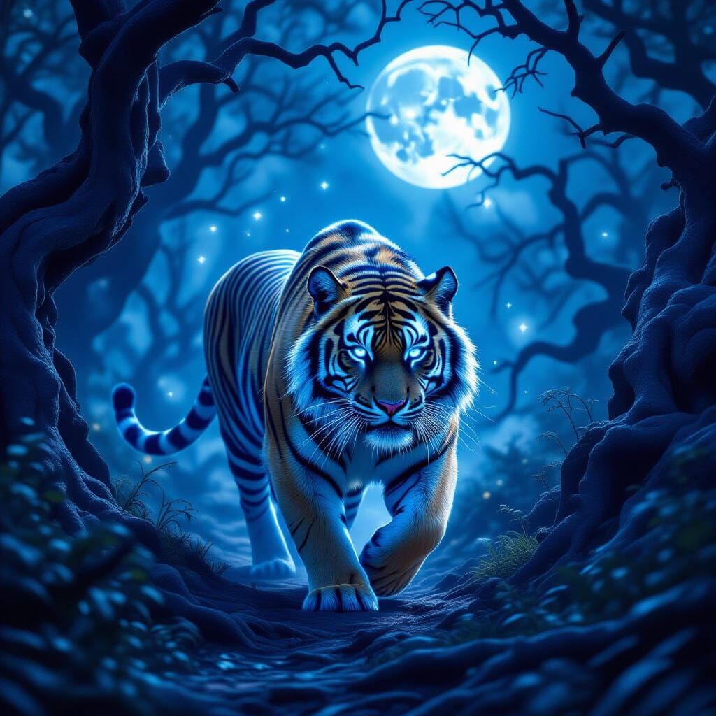 Spectral Tiger Prowling Through Moonlit Forest