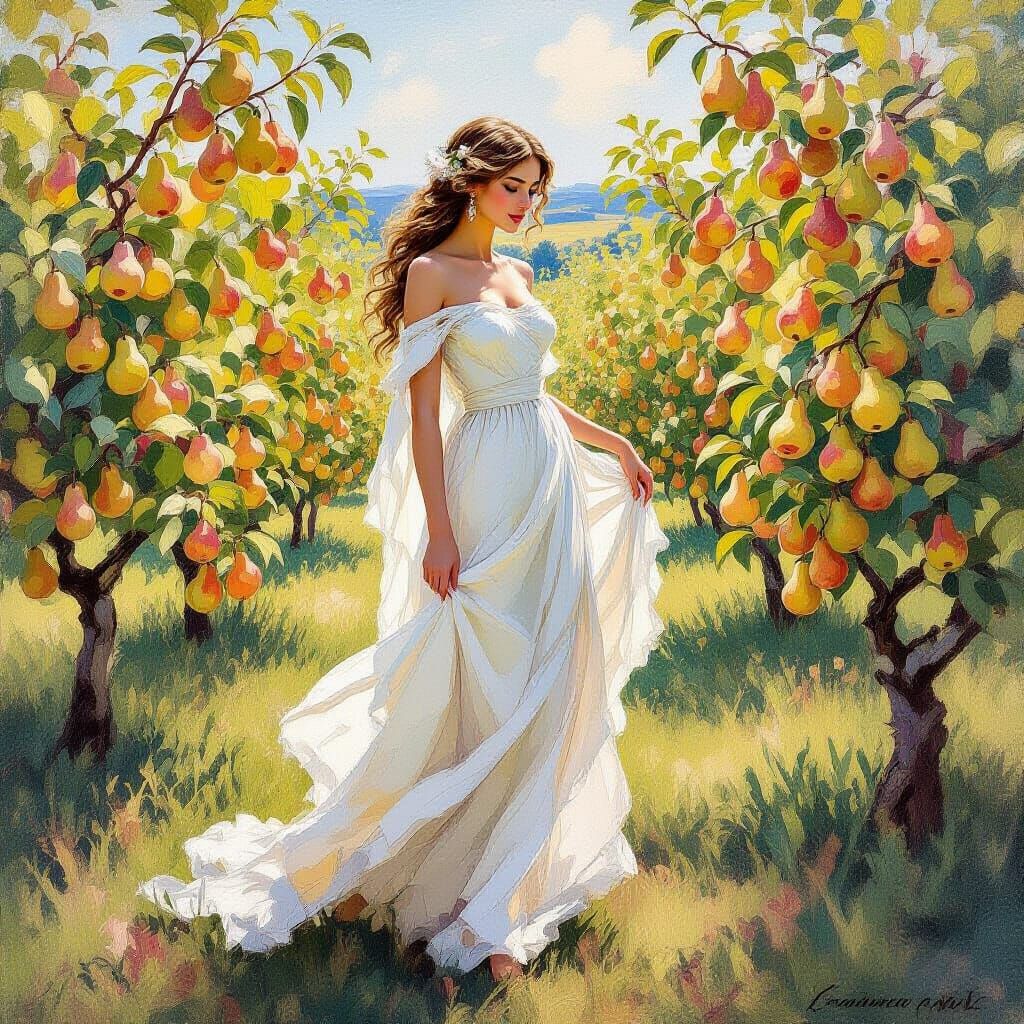 Pear Goddess in Impressionist Orchard