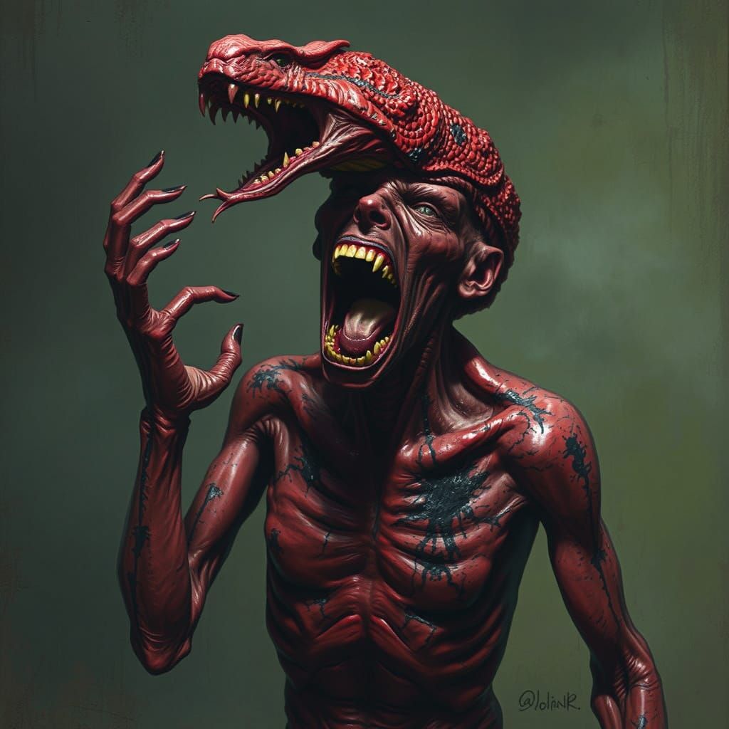 Serpent-Headed Man's Agony in Dark Fantasy Style