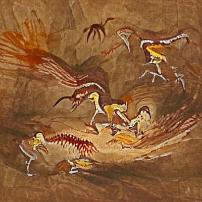 Cave Painting of Feathered Dinosaur Attack