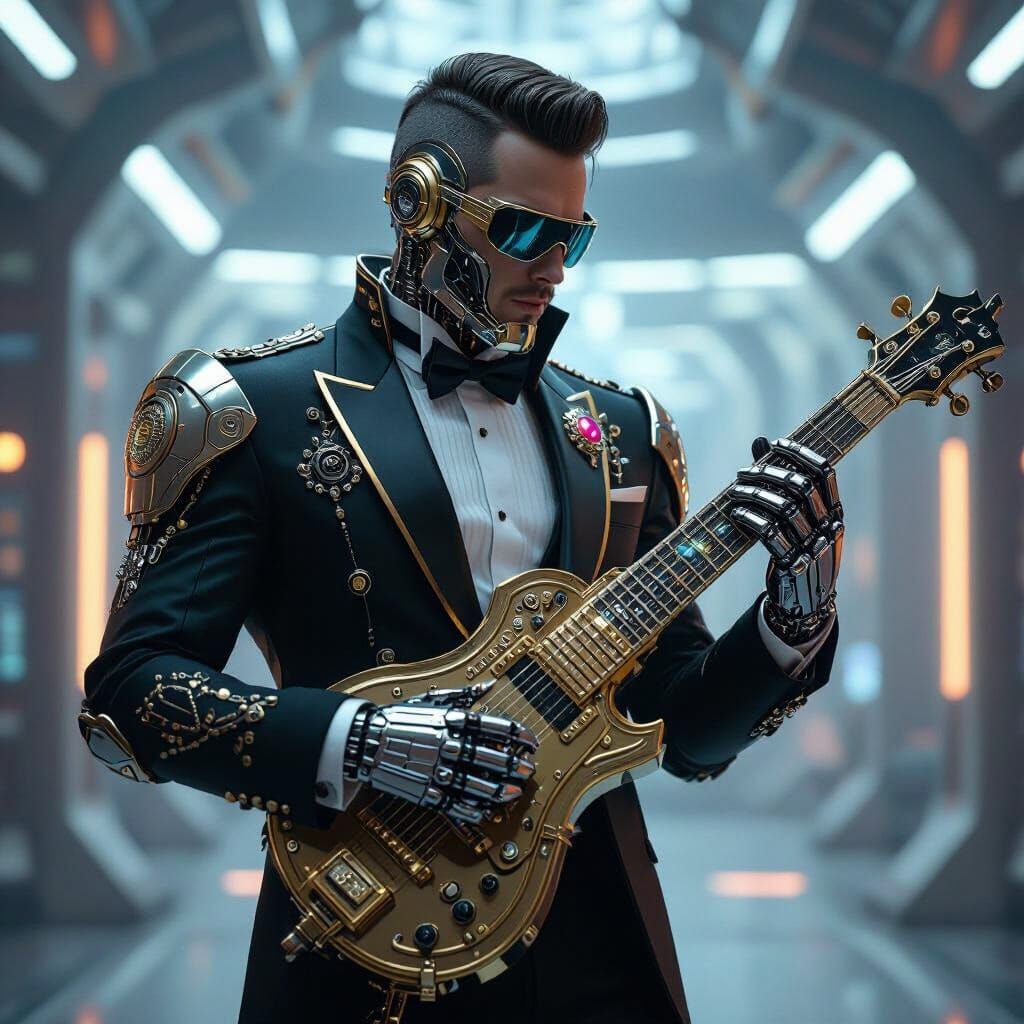 Cyborg Musician in Biomechanical Cyberpunk Style