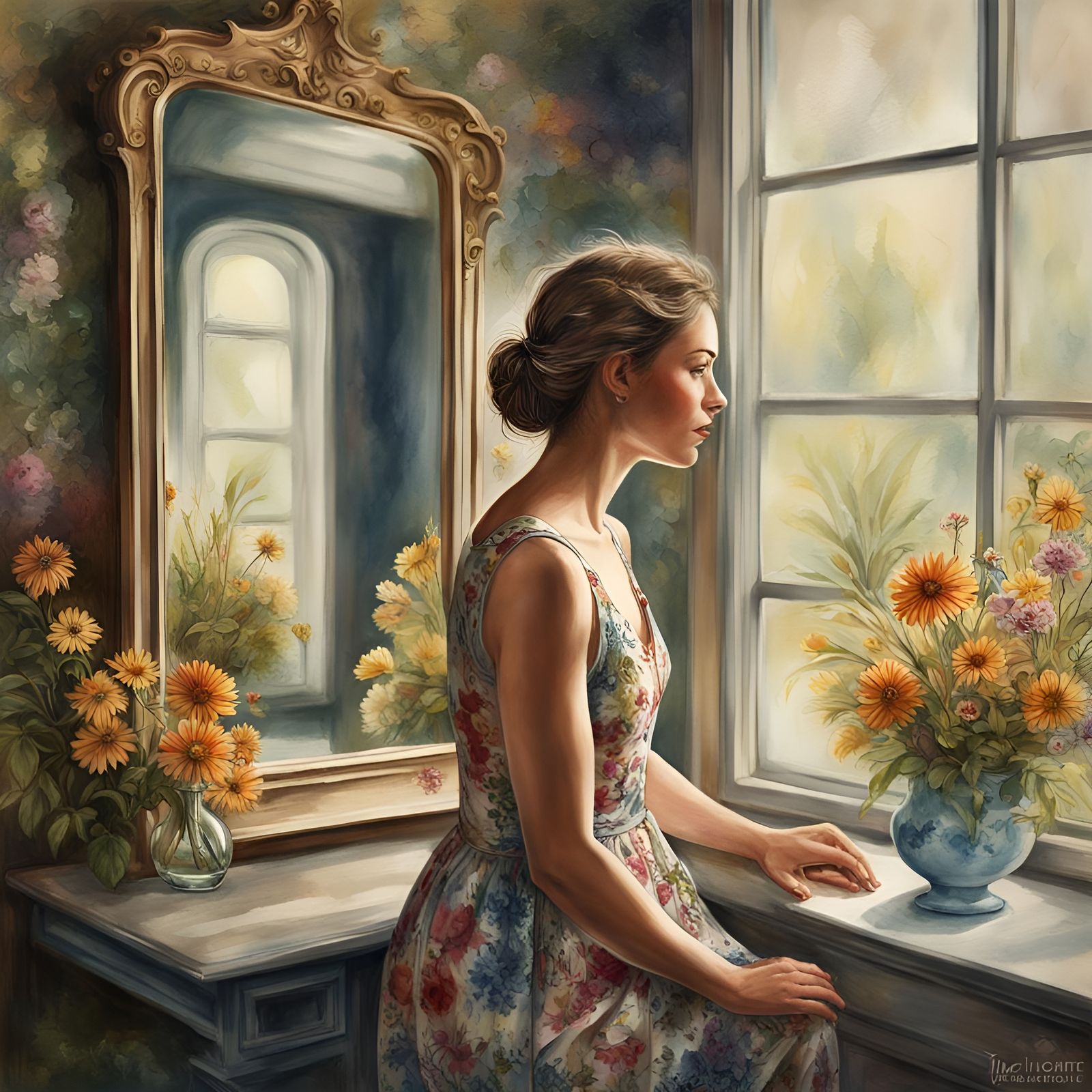 Hyperrealistic Woman in Floral Dress, Watercolor Style
