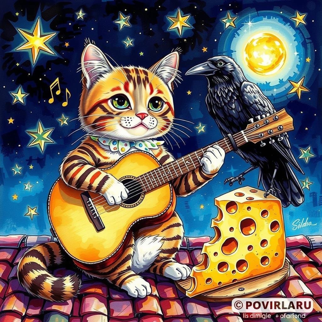 Striped Cat Guitar Serenade in Watercolor Anime Style