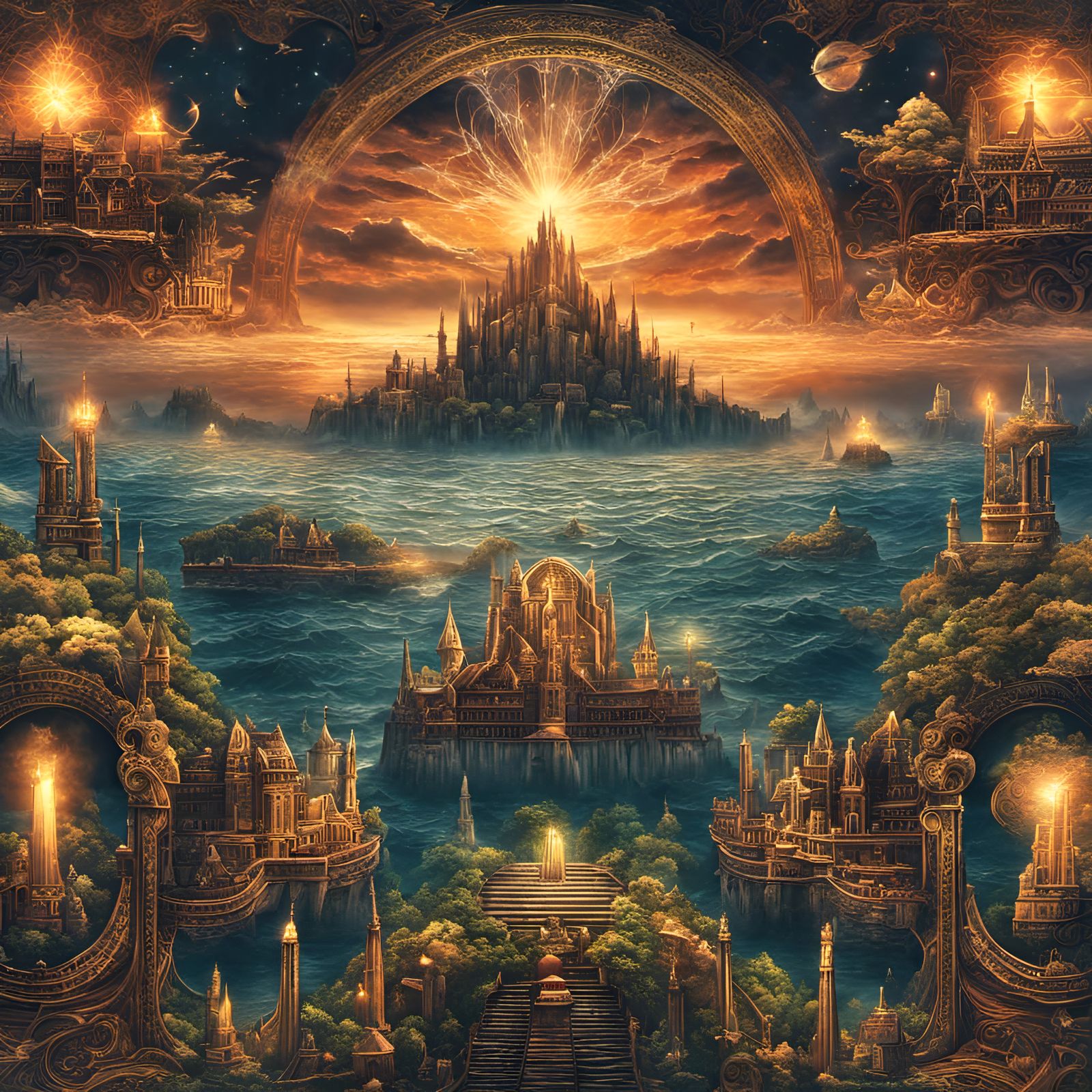 Magical Cityscape with Ocean and Glyphs