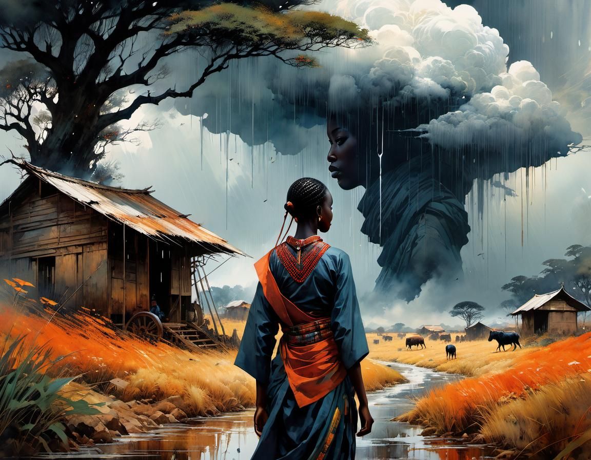 African Peasant Observes a Thunderstorm in Watercolor Style