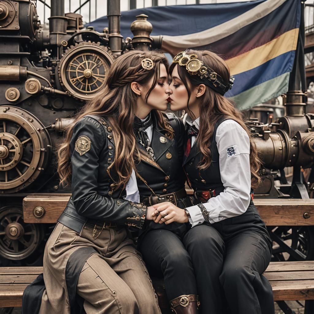 Steampunk LGBT Love: Women Kissing by Engine