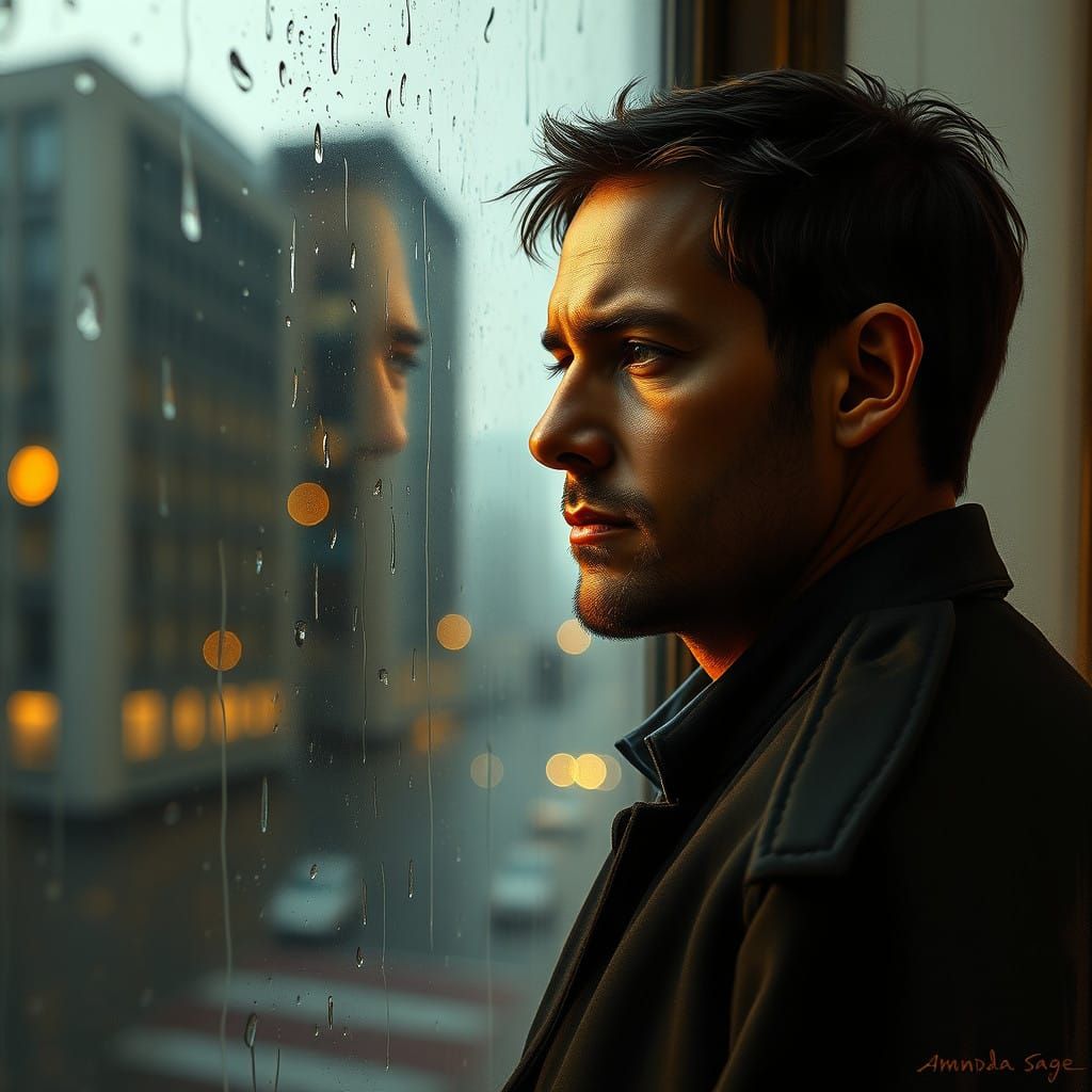 Contemplative Man in Moody Cityscape