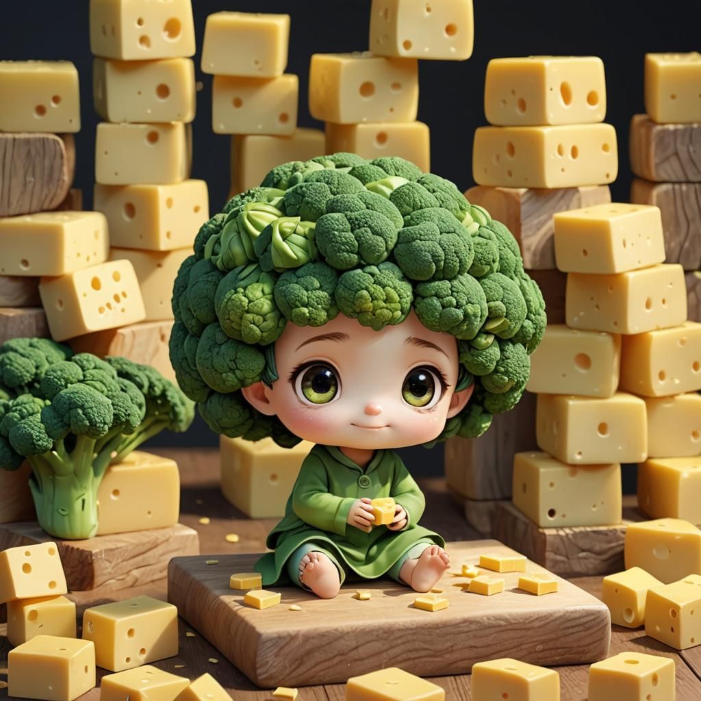 adorable Chibi broccoli stalk, female with big pretty eyes w...