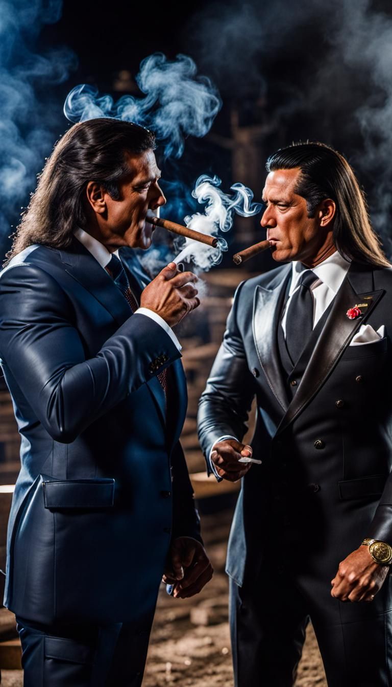 Two Muscular Men Smoking Cigars in Leather Suits