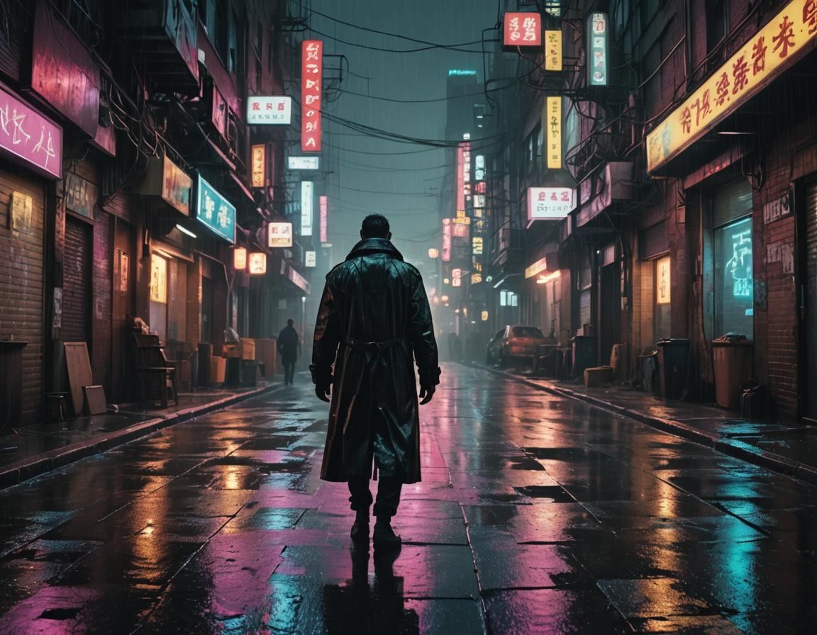 Cyberpunk Alleyway: Neon Reflections in Rainy Dystopia