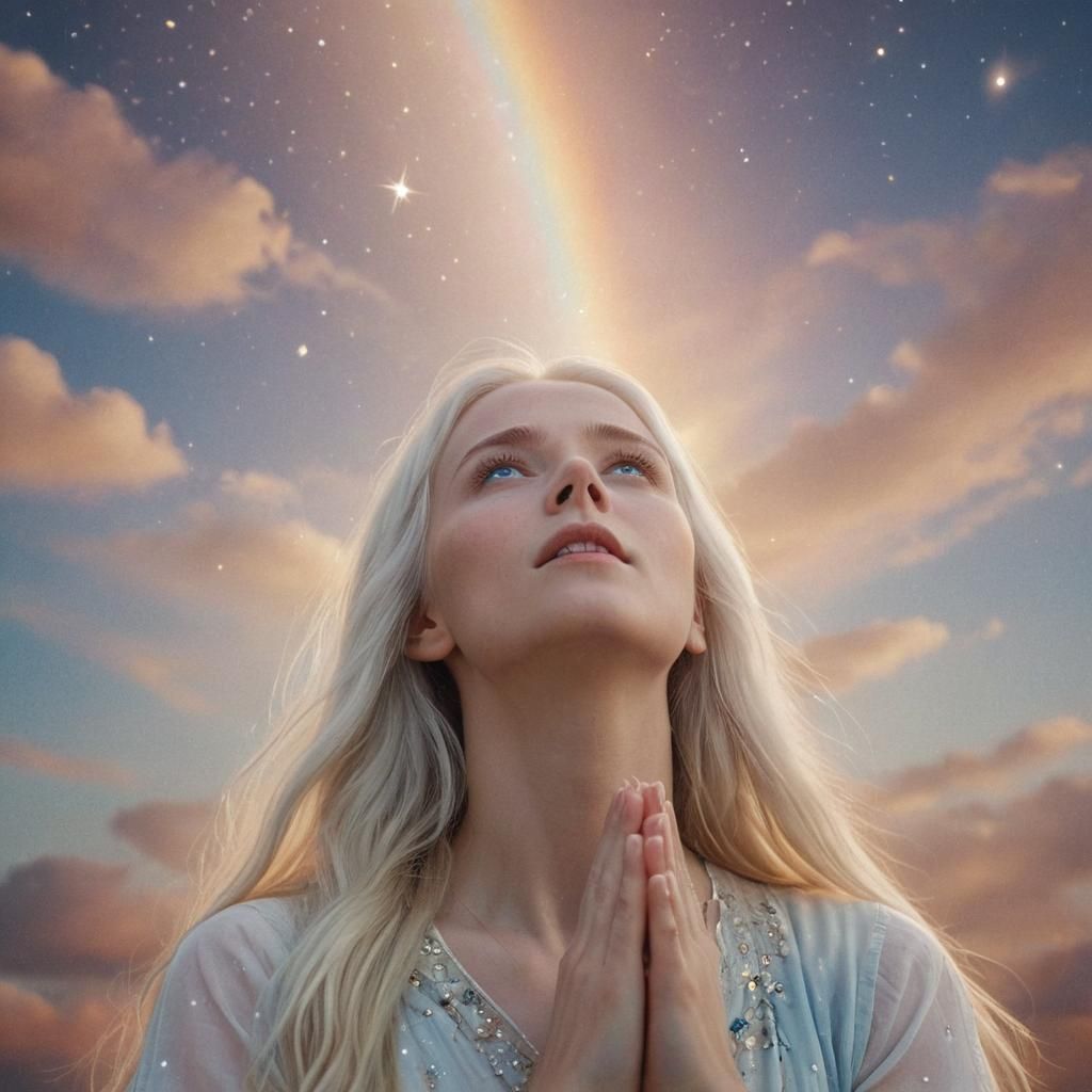 Ethereal Woman Praying in Dreamy Celestial Landscape