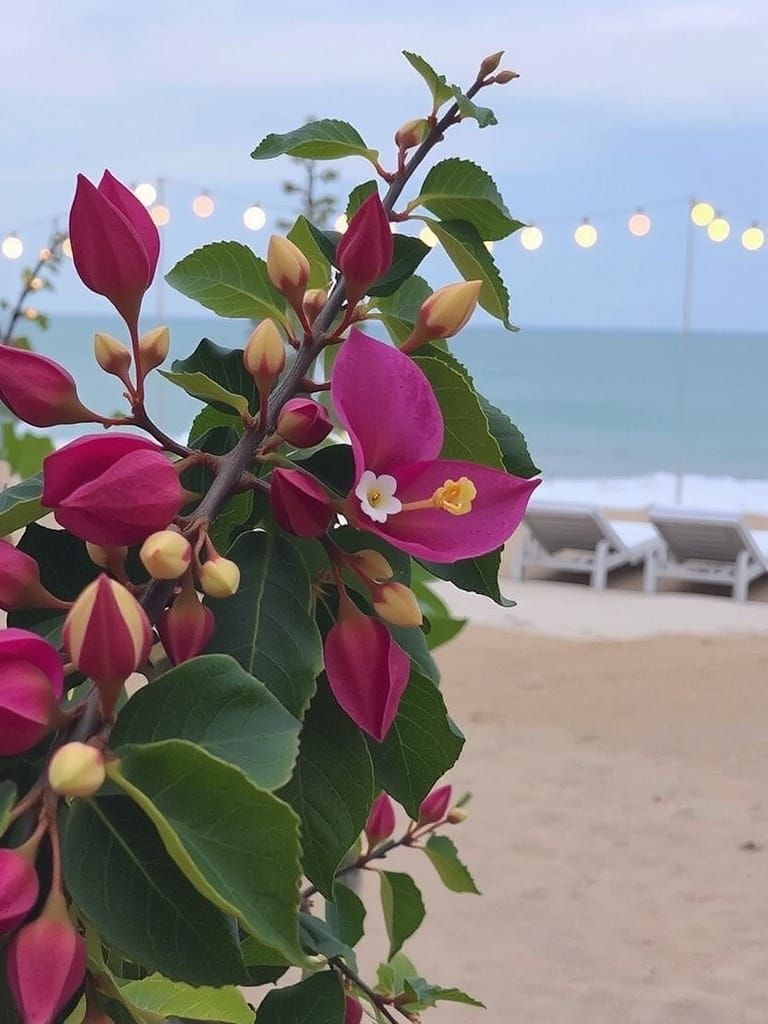 Bougainvillea in Soft Focus, Serene Beach Setting