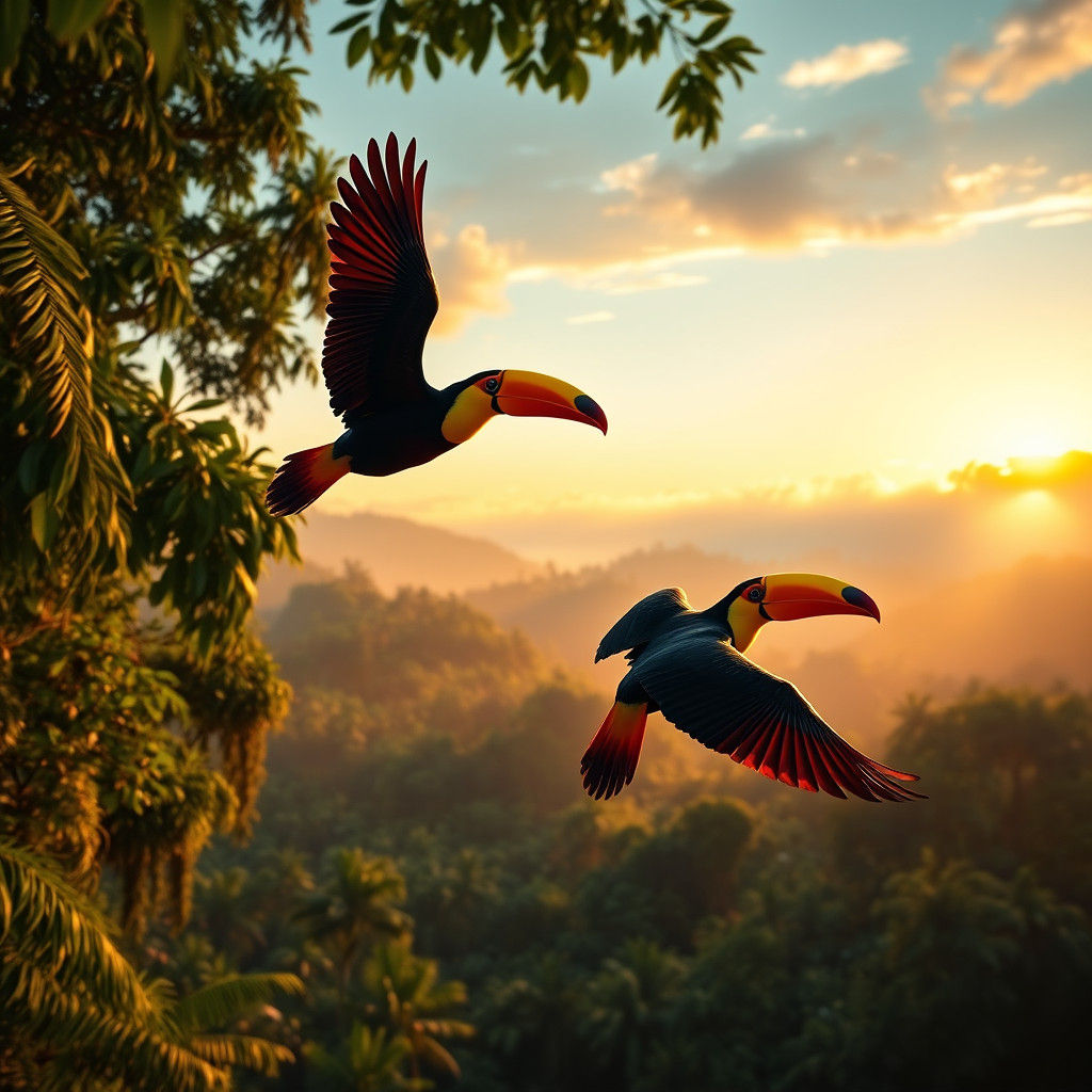 Toucans Soaring Over Rainforest at Sunrise