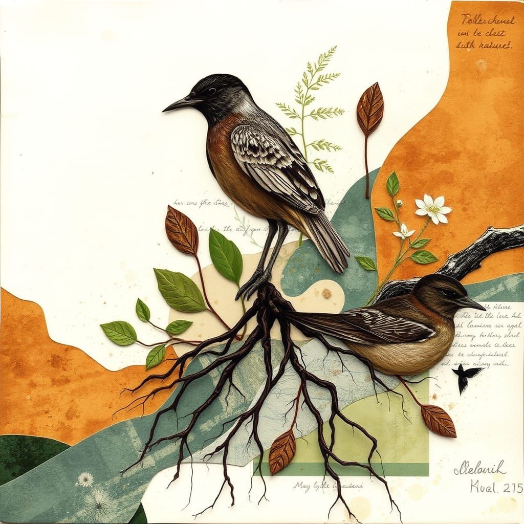 Mixed Media Collage: Harmony with Nature in Earth Tones