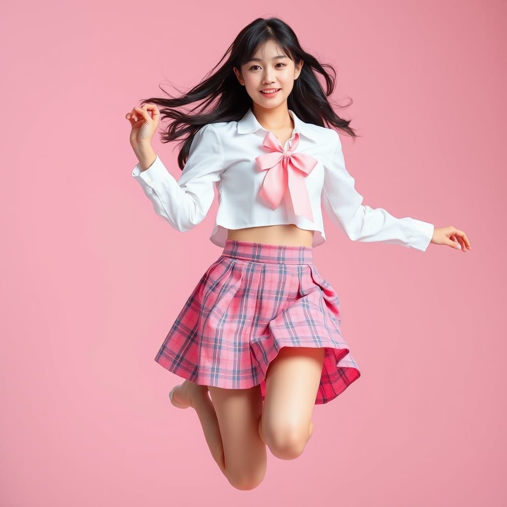 Japanese Woman Mid-Jump in Ultra-Realistic Style