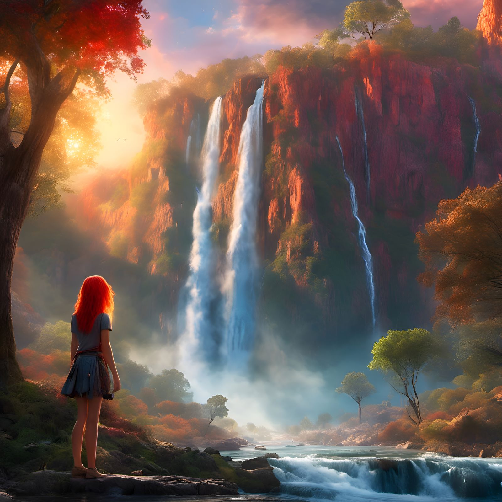Girl Admiring Waterfall in 3D Digital Art
