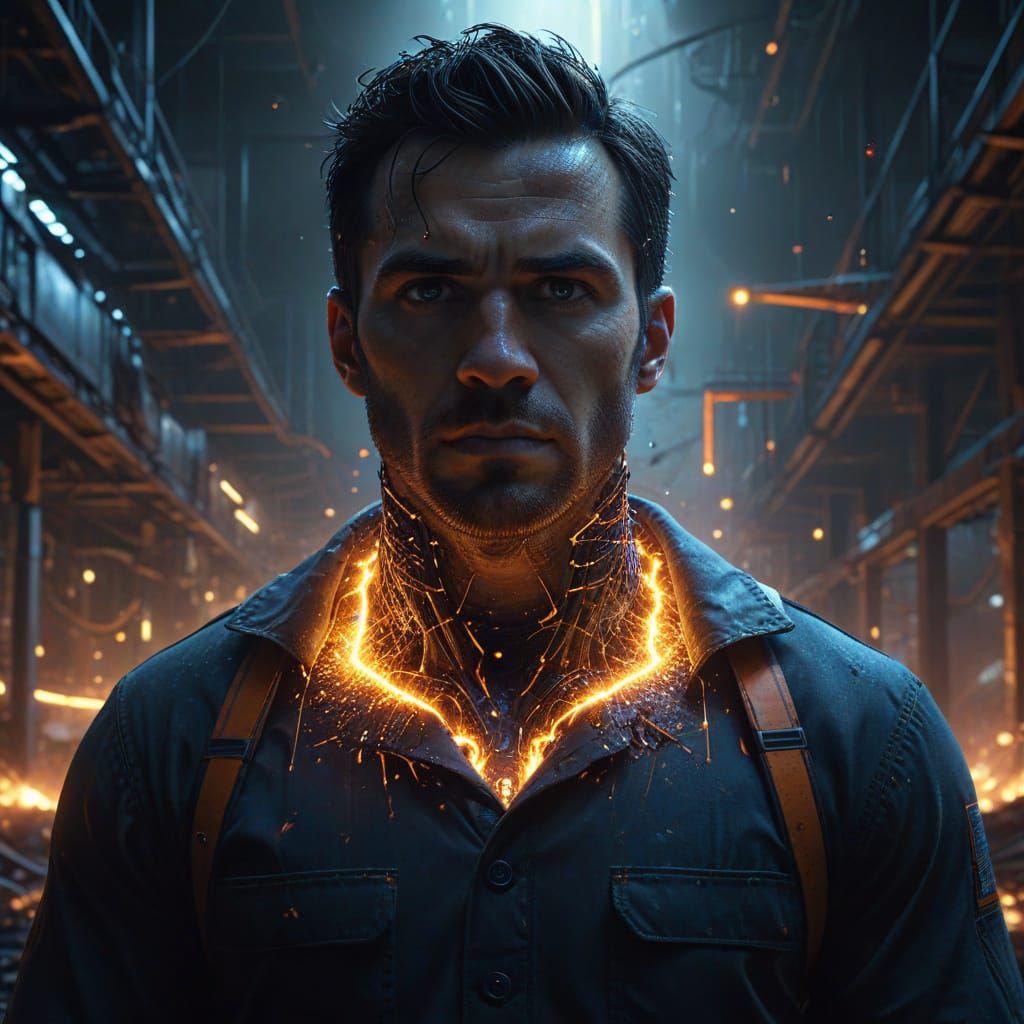 Defiant Worker with Glowing Neckline: Digital Splash Art