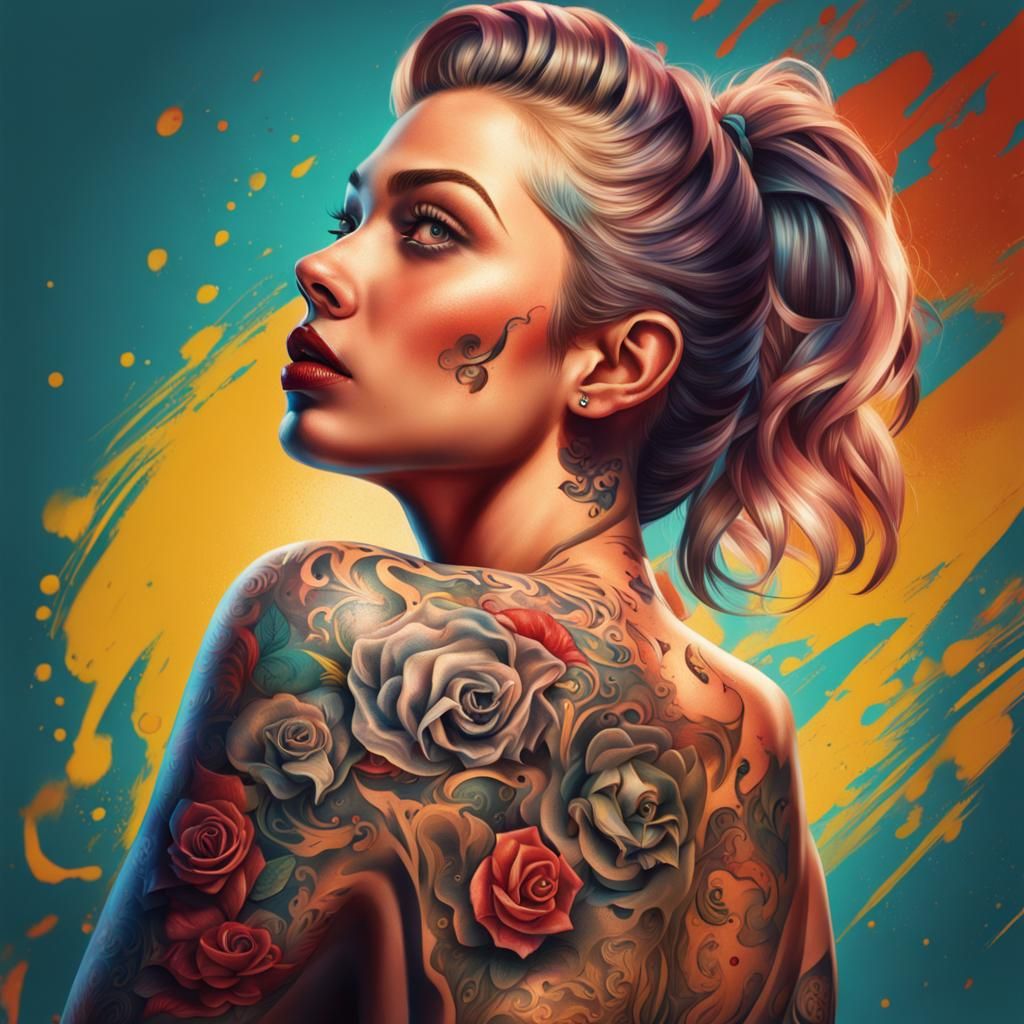 Hyperrealistic Pin-Up Girl with Tattoo in Splash Art