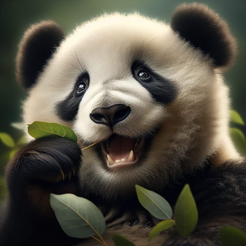 Happy Panda Bear Eating Eucalyptus Leaf in Wildlife Photo