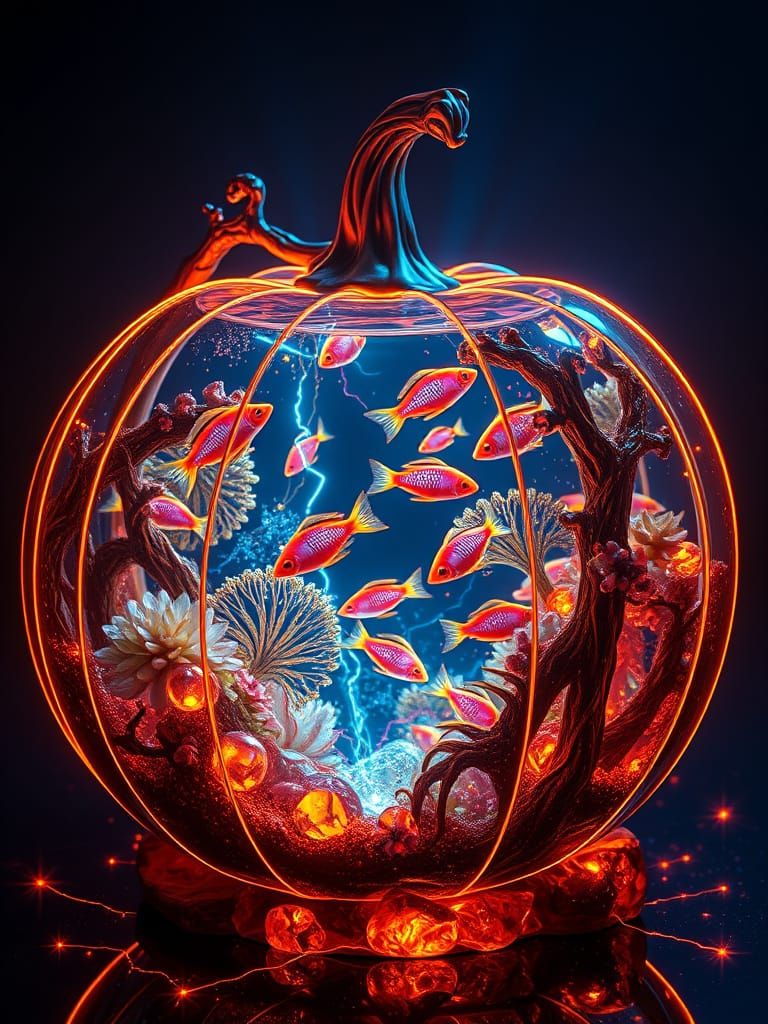 Gilded Pumpkin Aquarium with Bioluminescent Fish