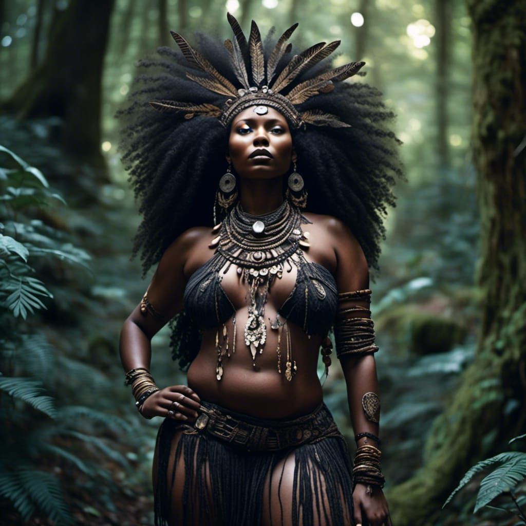 Tribal Goddess Adorned in Forest: Hyperreal Style