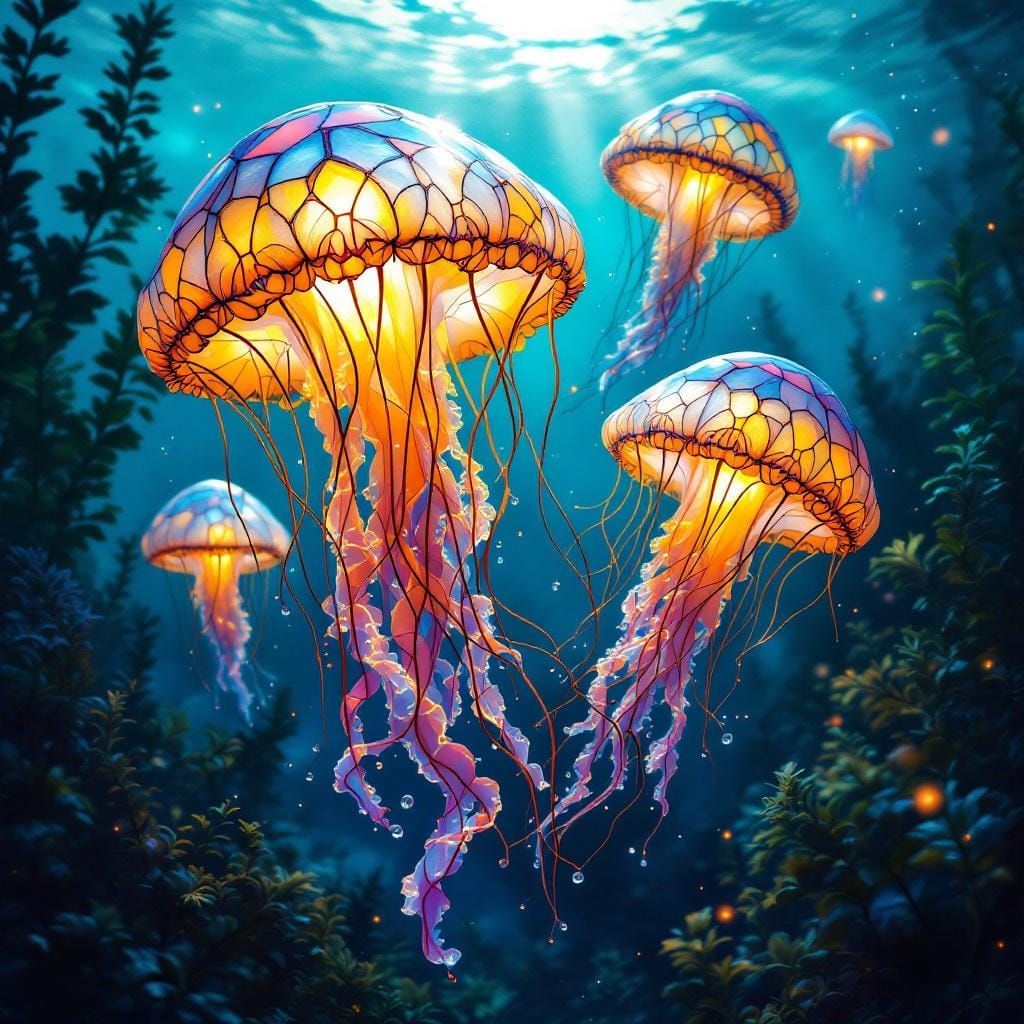 Tiffany Glass Jellyfish in Ocean Sunlight