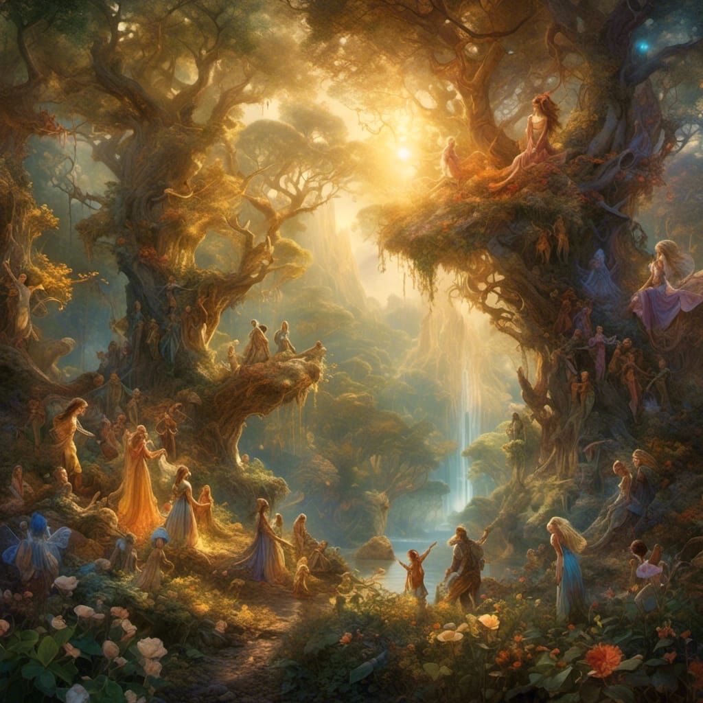 Elves Emerge in First Light: Romanticism Style