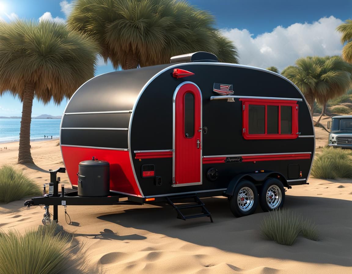 Custom Teardrop Trailer on Beach in 3D