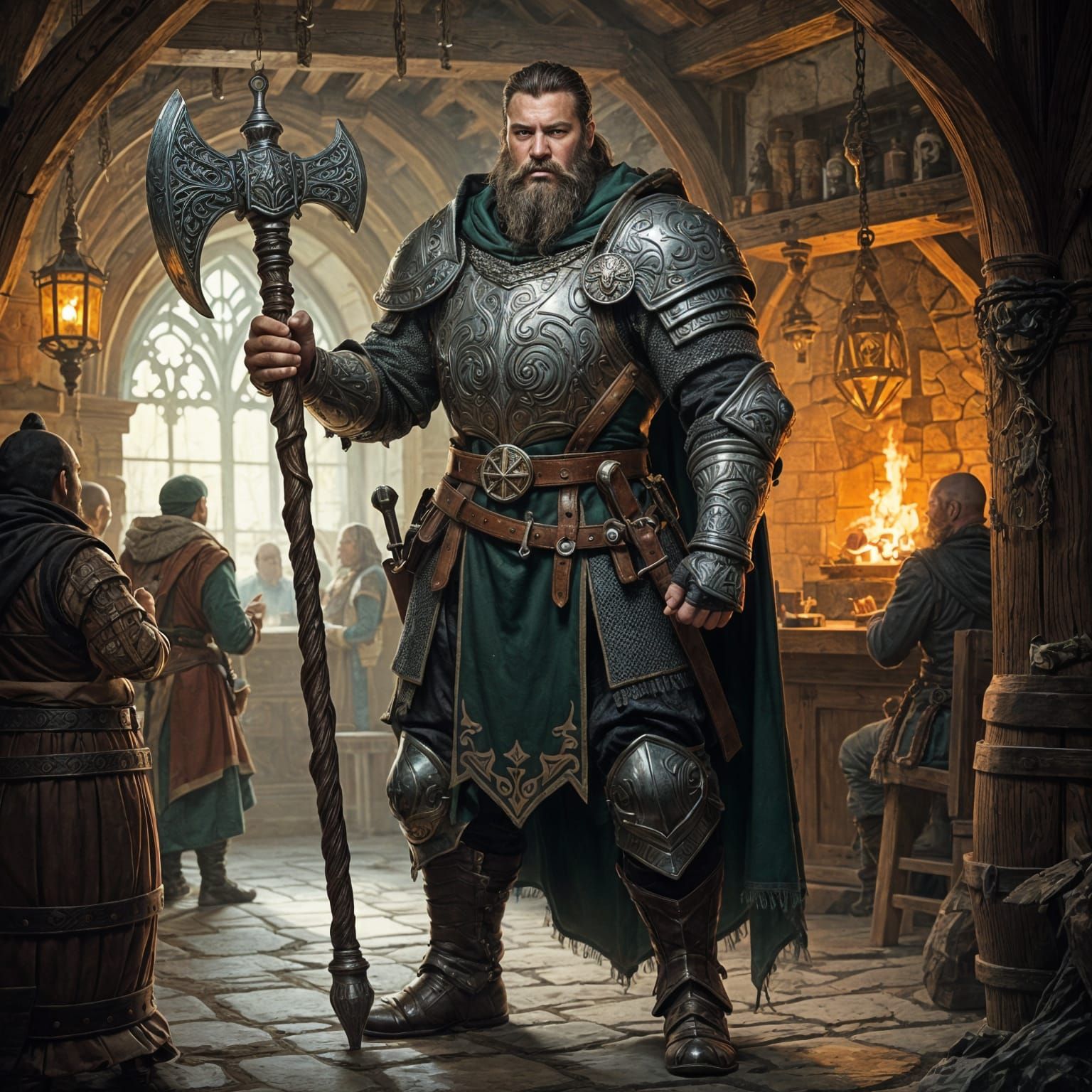 Powerful Cleric in Tavern: High-Fantasy Realism