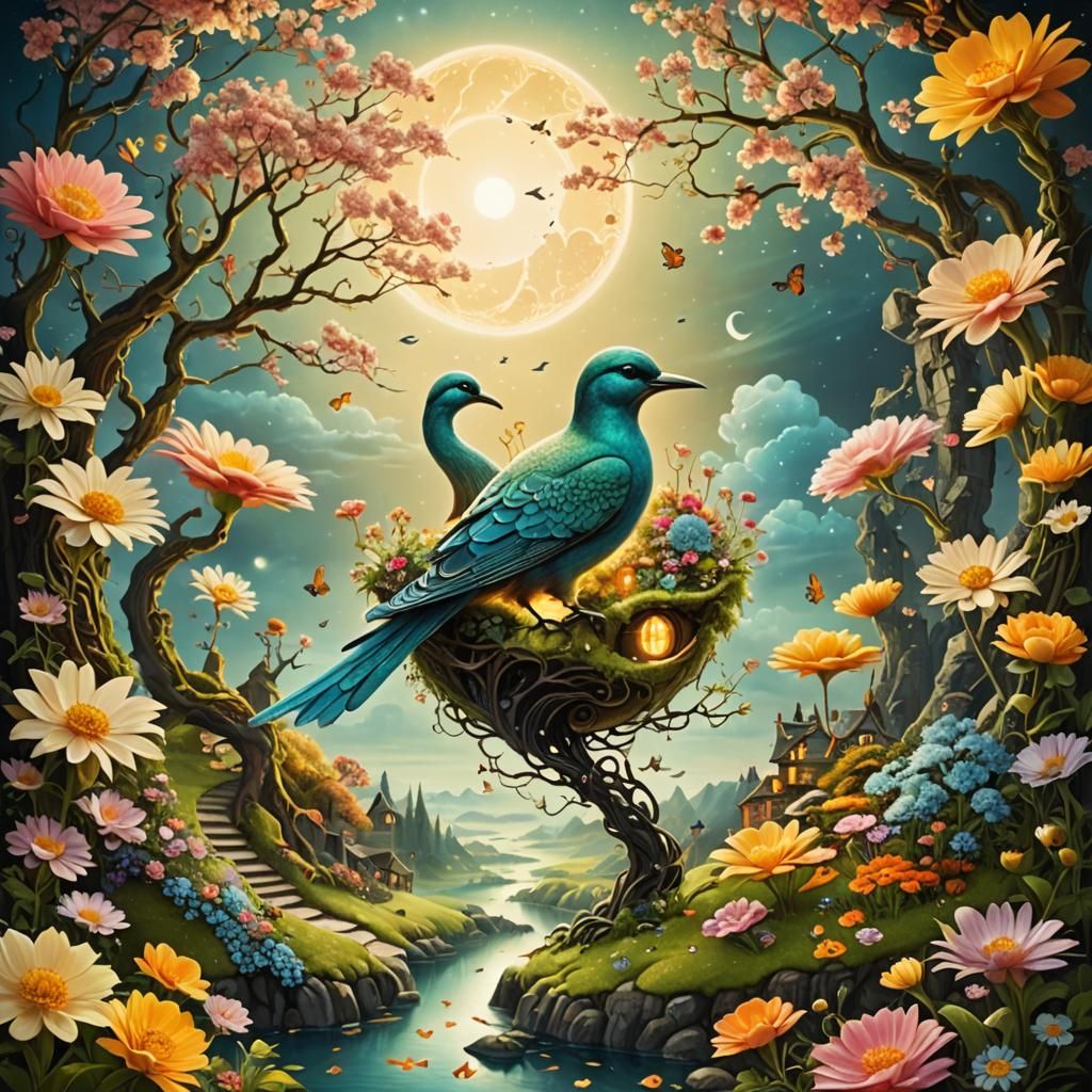 Glowing Floral Bird in Surreal Stargate Scene